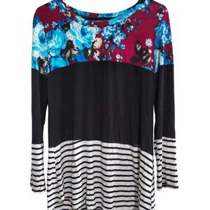 Filly Flair Size Large Floral Stripe Color Block Long Sleeve Tunic Top